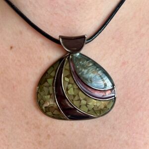 Lia Sophia Gunmetal Mosaic Fan Pendant Necklace Green Shell Black Resin Cord